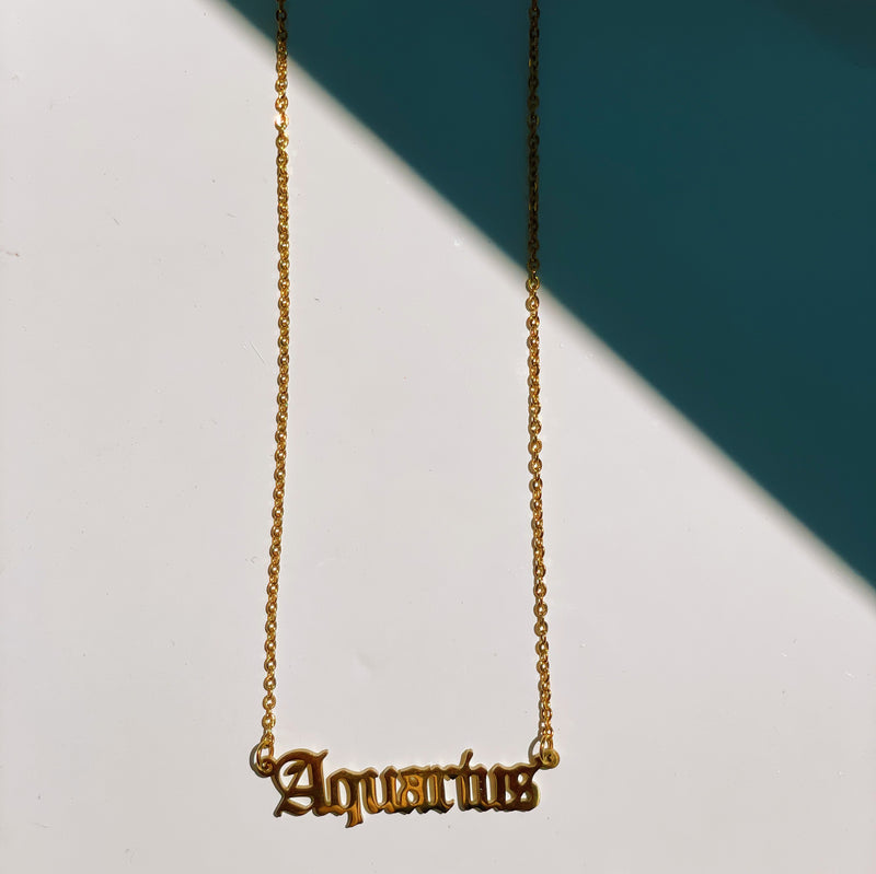 Aquarius Zodiac Nameplate Necklace - CELESTE SOL Jewelry 