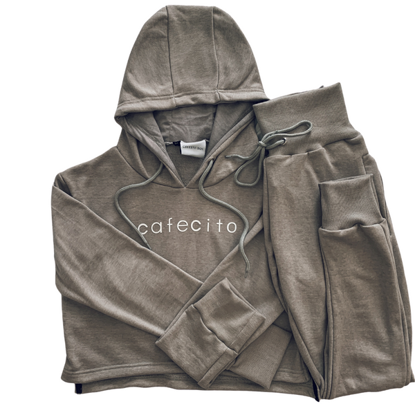 Grey French Terry Drawstring  Hoodie and Pant Set with cafecito screen  on a white backdrop